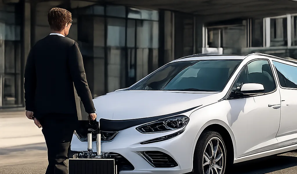 Un taxi premium attend devant une gare TGV à Massy pour un transfert rapide vers Orly ou Paris. L’ambiance évoque la ponctualité, le confort et la continuité du trajet.